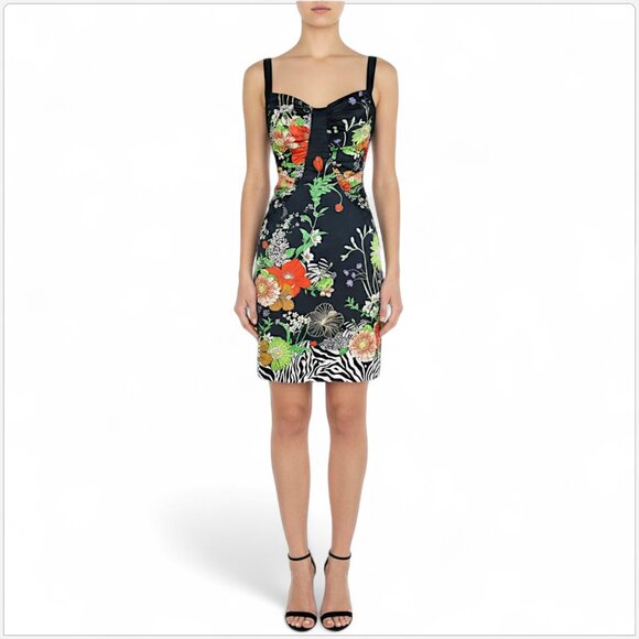 David Meister Black Floral Animal Zebra Print Stretch Silk Ruched Party Dress 8P - Picture 1 of 6